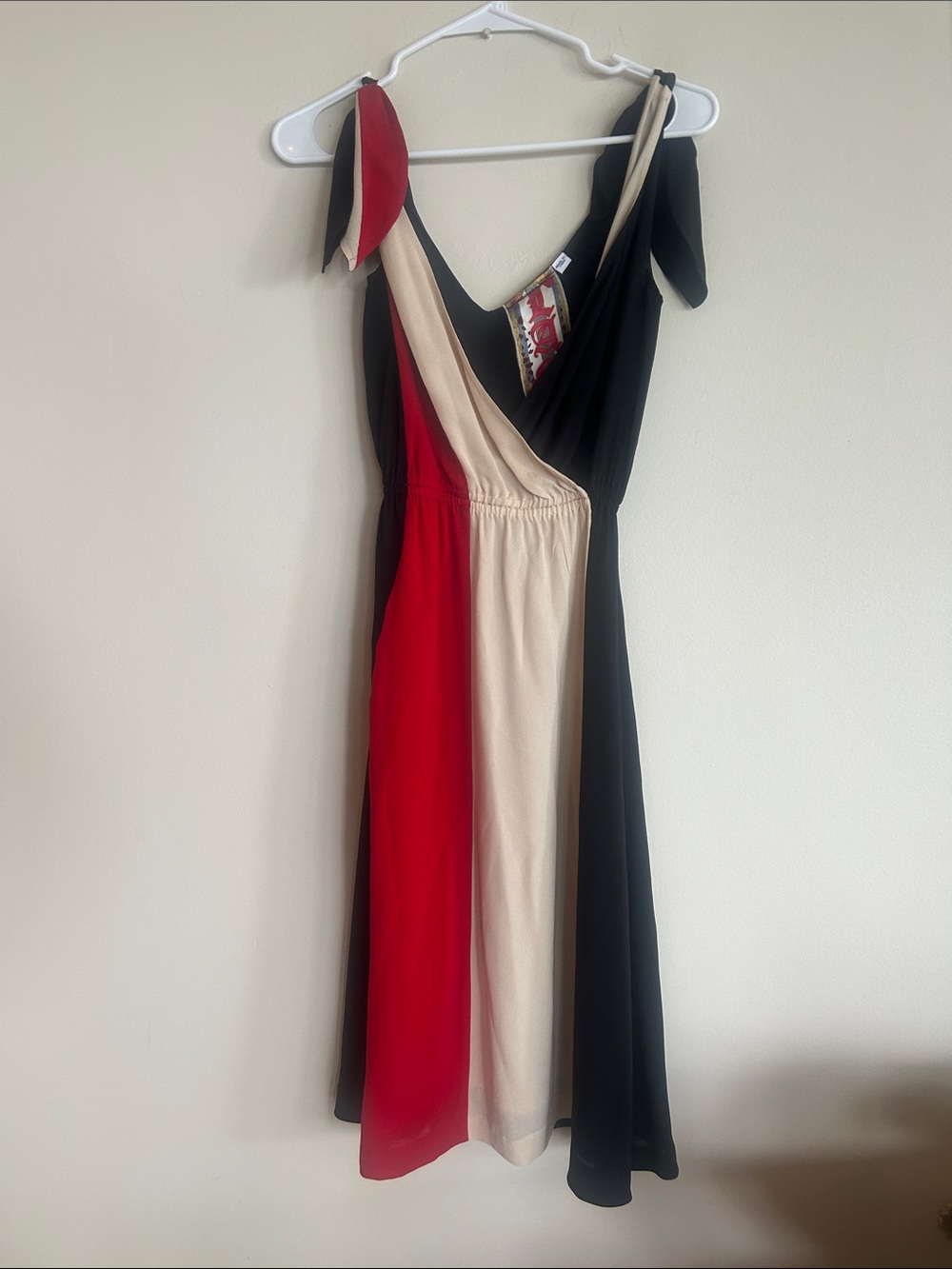 L.A.M.B. Colorblock Tie-Shoulder Midi Dress in Red, Cream & Black